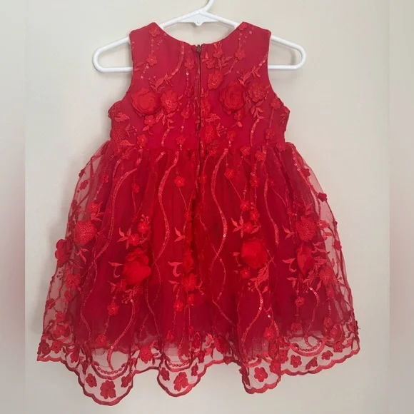 Popatu Baby Girl Red Floral Lace Tulle Dress Size 12M Special Occasion Holiday - Picture 2 of 5